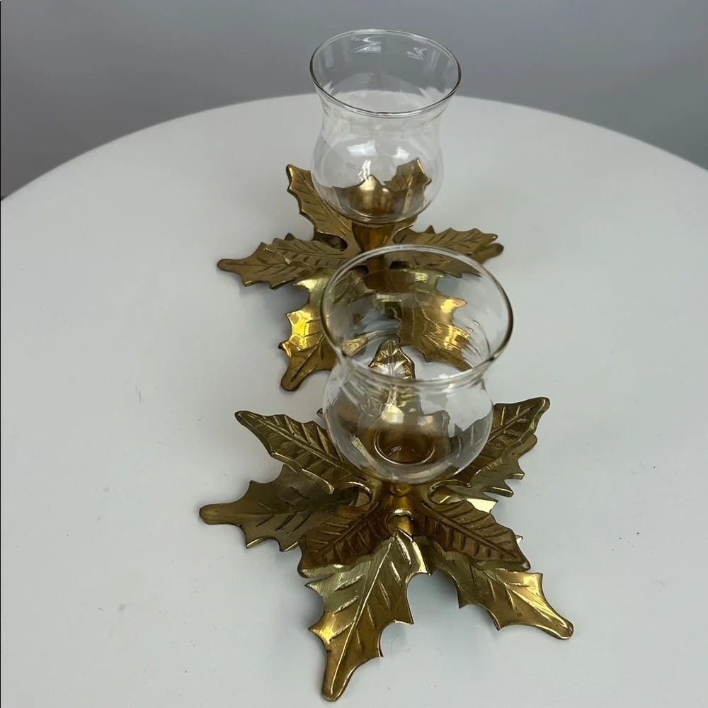 Two Solid Brass Holly Leaves Candle Holders With Glass Globes Vintage
